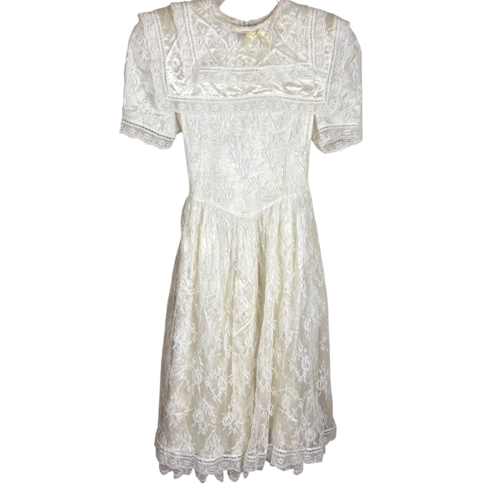 Vintage Jessica McClintock Gunne Sax Lace Sailor Collar Dress Ivory Size 14/XS